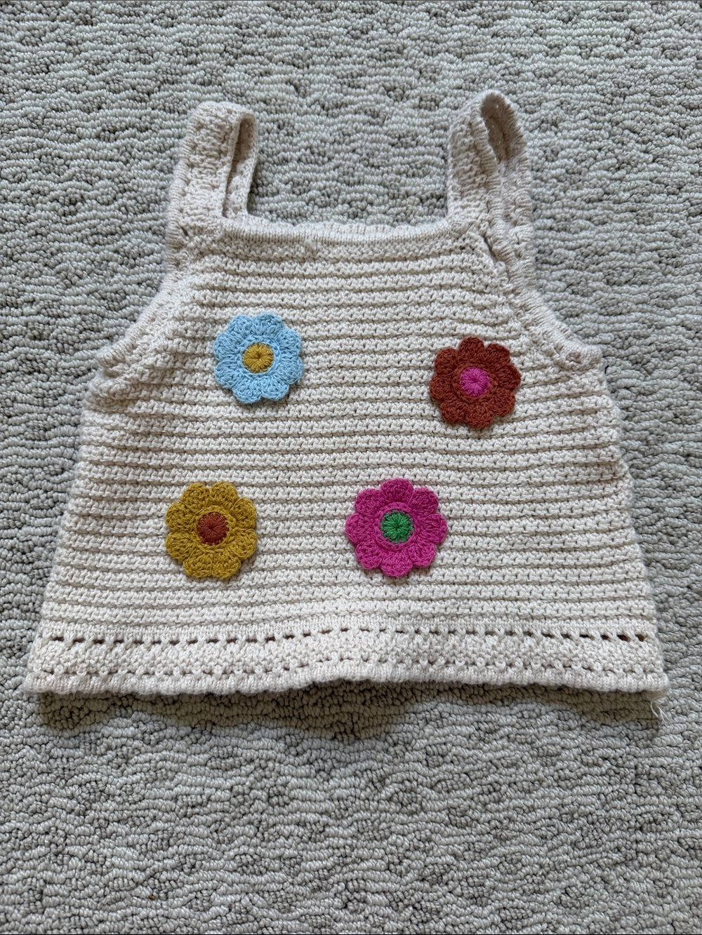 Zara Crocheted Cream Tank Top with Colorful Flower Appliqués